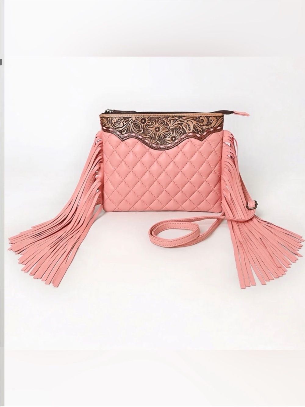 Western Bag Quilted Pink Fringe Crossbody Bag with Floral Trim